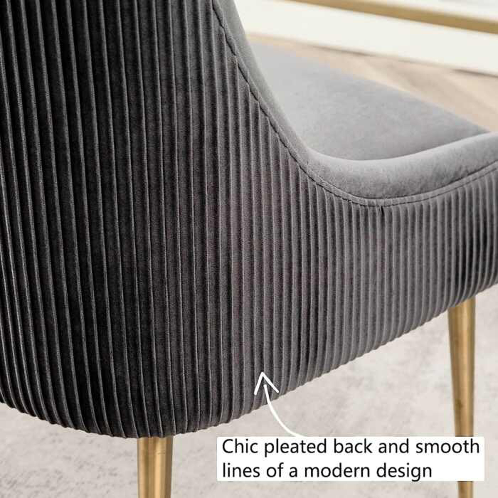 Elara Modern Velvet Accent Side Chair With Pleated Back, Pull Handle - Grey With Gold Legs - Image 4