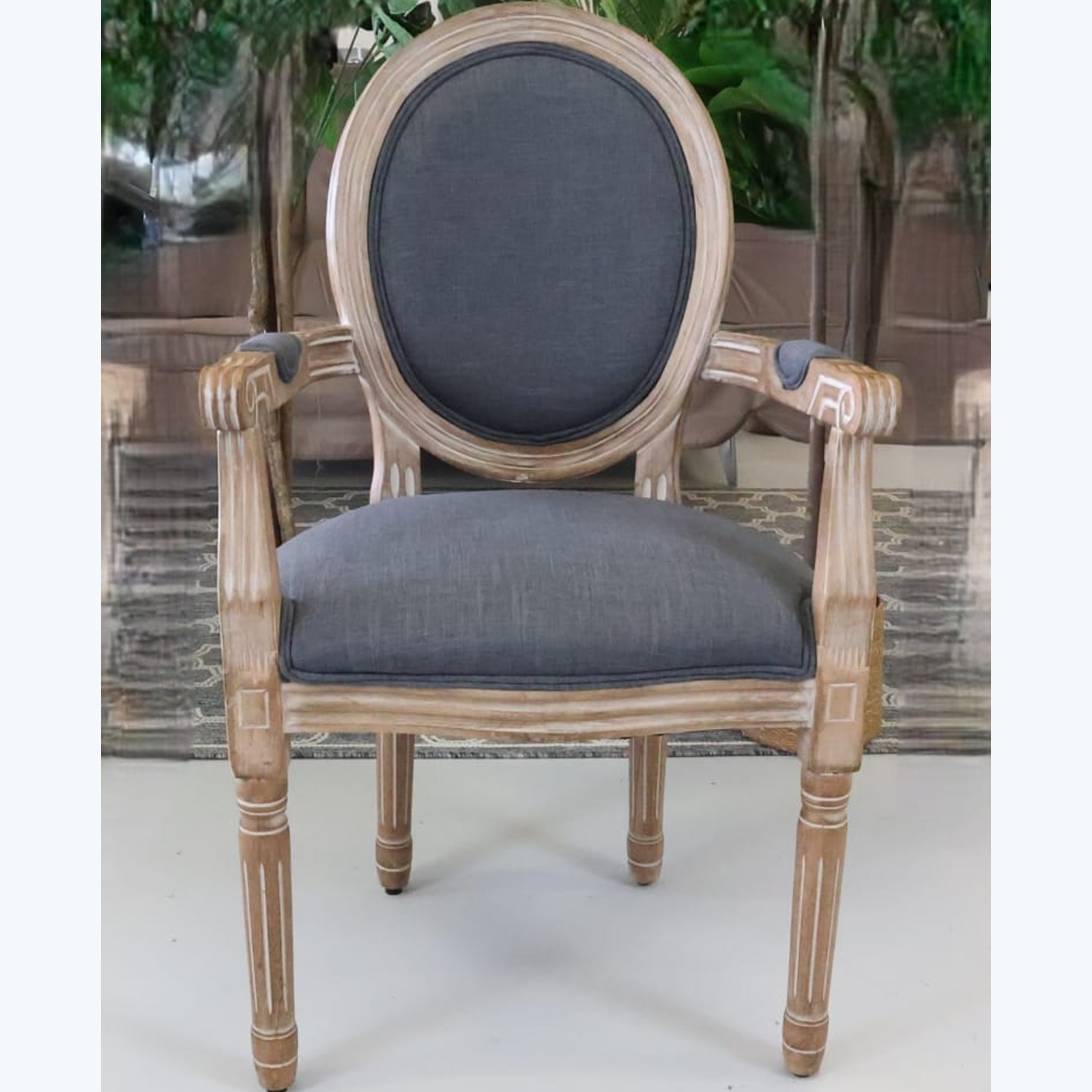 Louis French Grey Linen Dining Armchair - Dark Wood