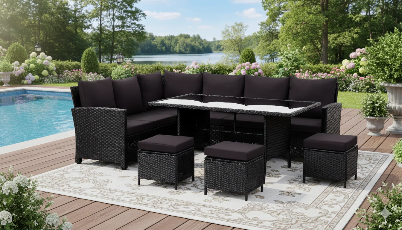 9-Seater Outdoor Modular Sofa Dining Set – PE Wicker with Tempered Glass Table- Black Rattan