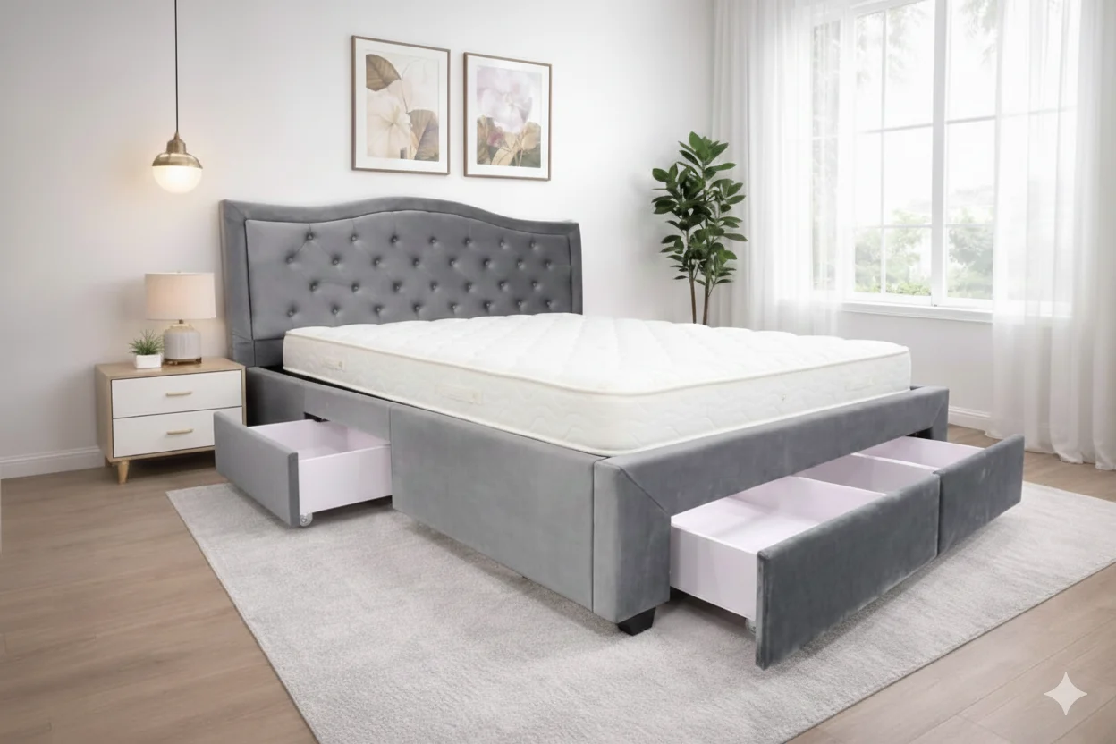 Velvet Dream Bed with 4 Storage Drawers Functionality - Dark Grey Velvet King Size