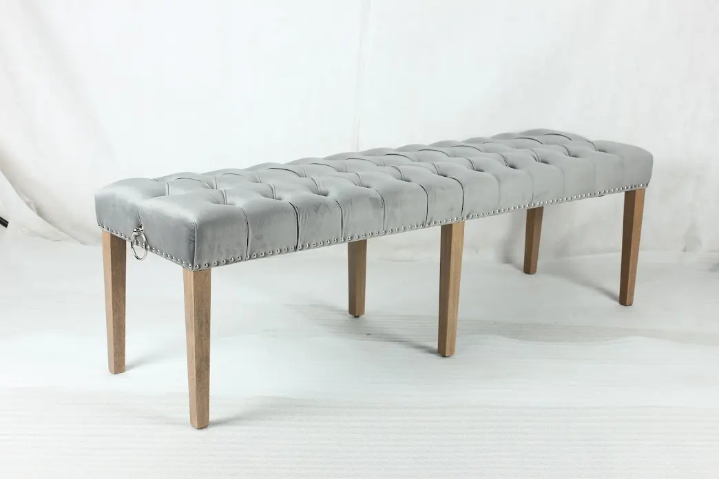 French Elegance Grey Dining Bench Ottoman – 160cm & 200cm with Wooden Legs