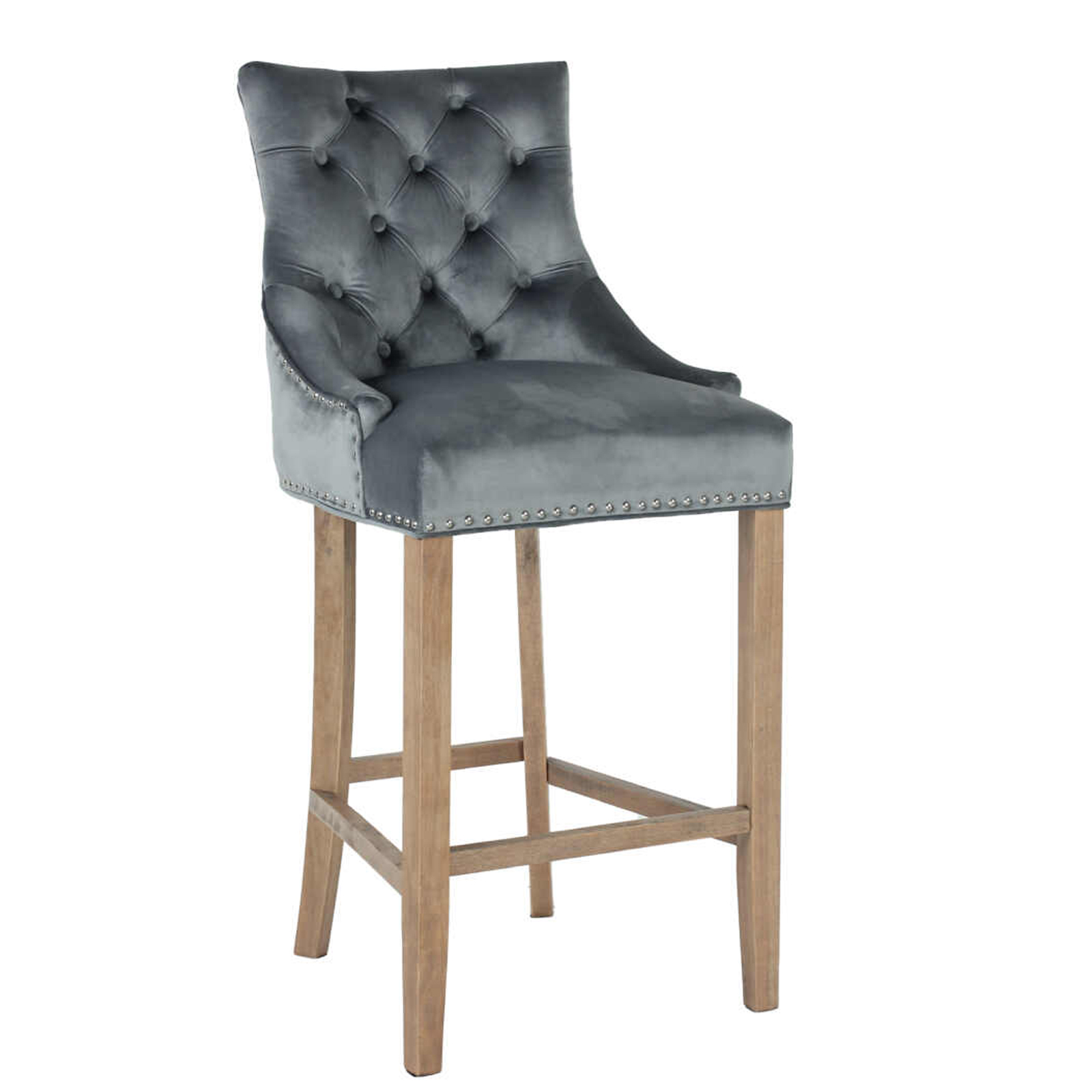 Zara French Accent Luxury Velvet Barstool With Wood Legs - Grey