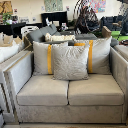 Amara 2 seater grey velvet loveseat with silver frame and matching cushions