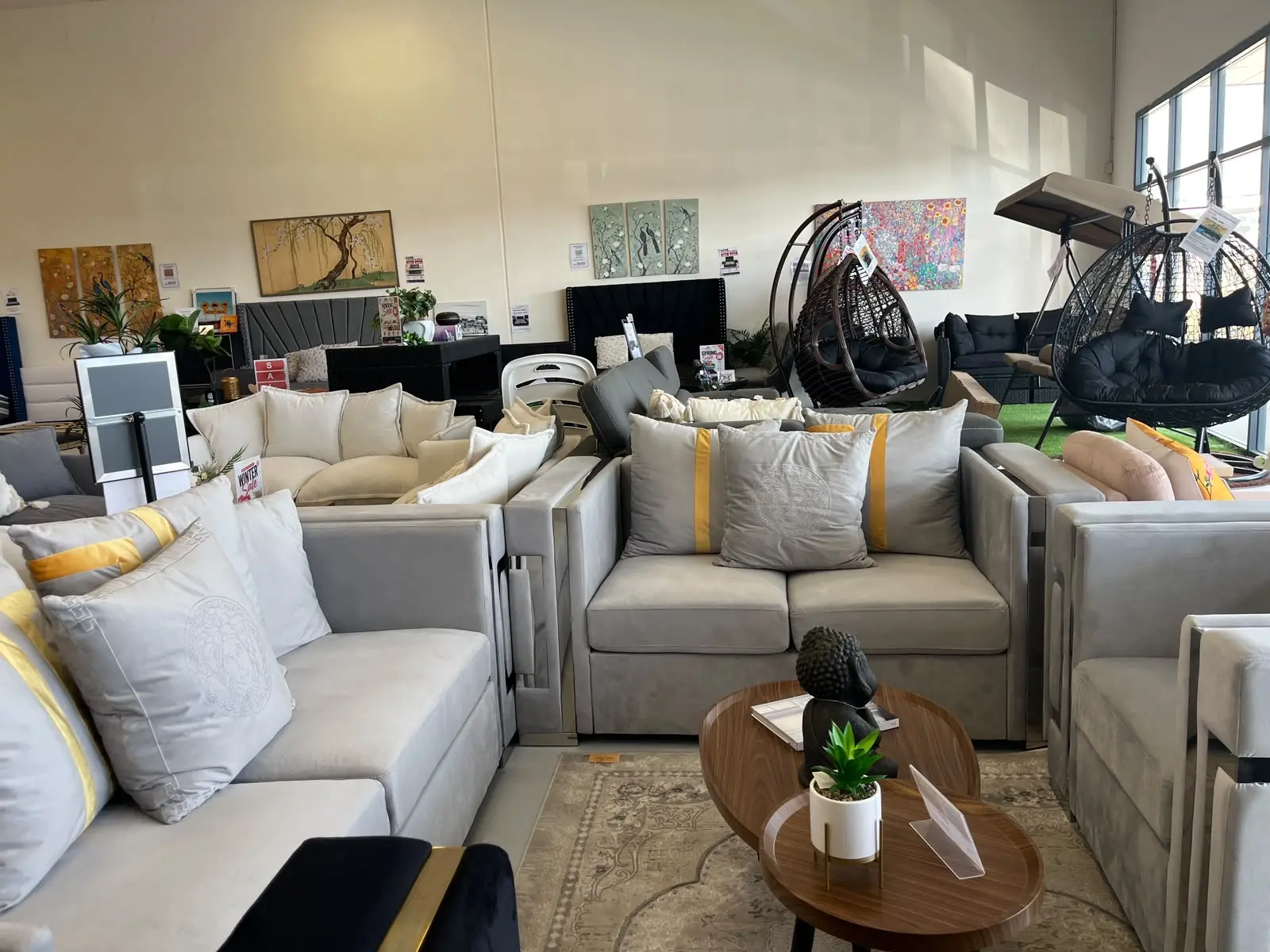 Amara grey velvet 3+2+1 seater sofa set with silver stainless steel frame and grey gold cushions
