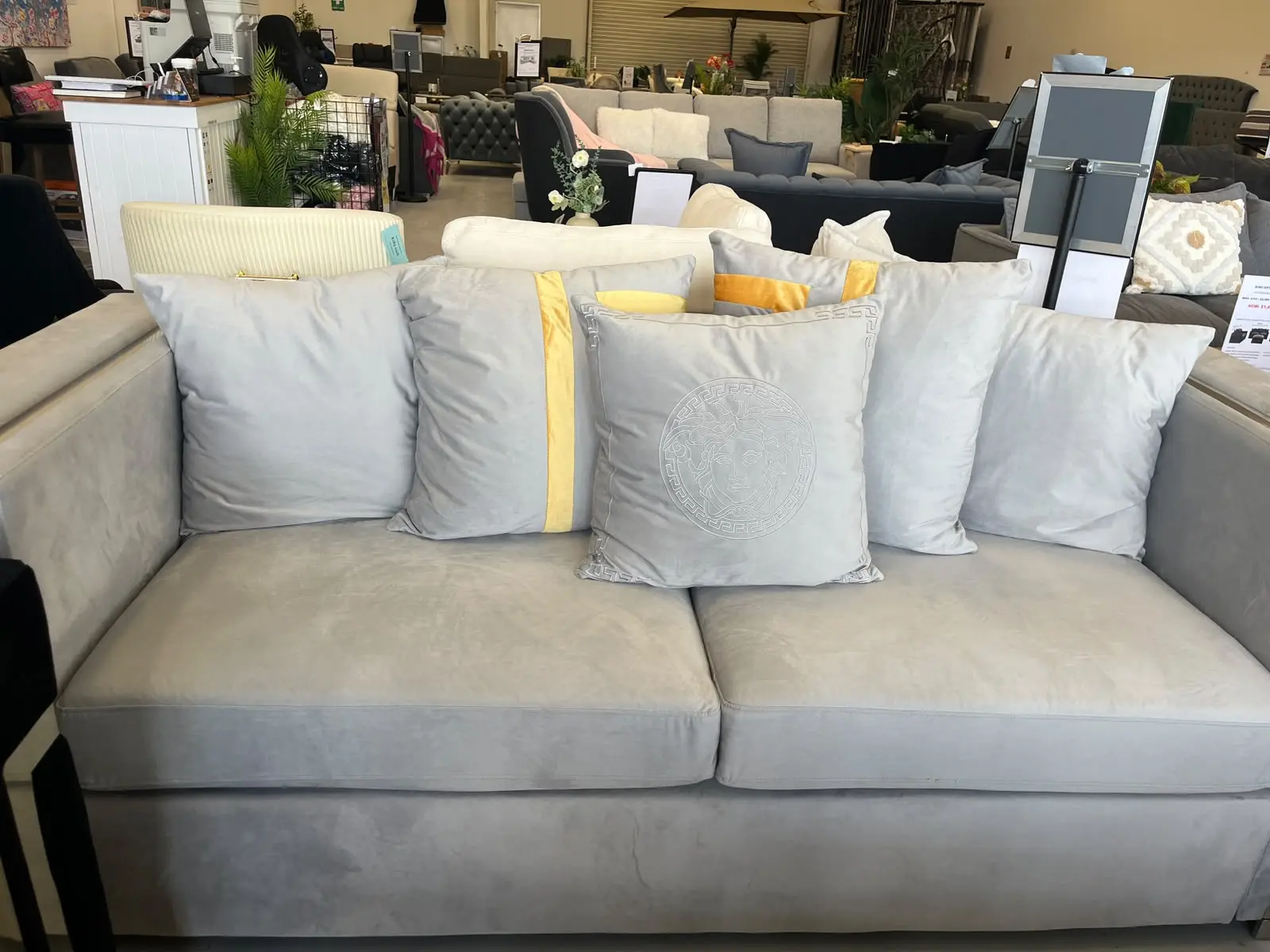 Amara silver frame sofa set with grey velvet upholstery and decorative back cushions