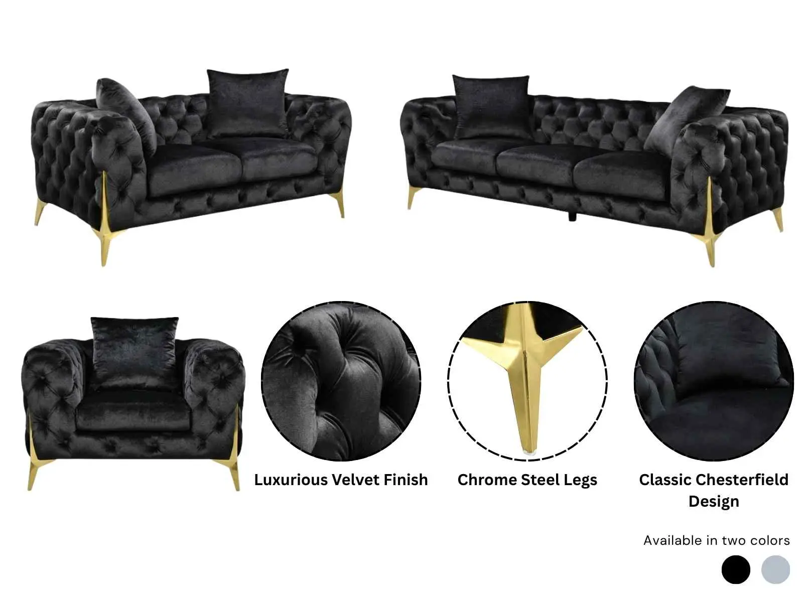 Black velvet sofa set with tufted arms and decorative cushions
