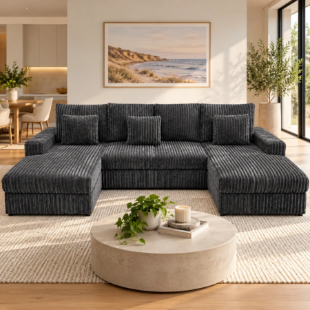 Charcoal Corduroy Sectional Living Room Sofa Bed + Storage Ottoman