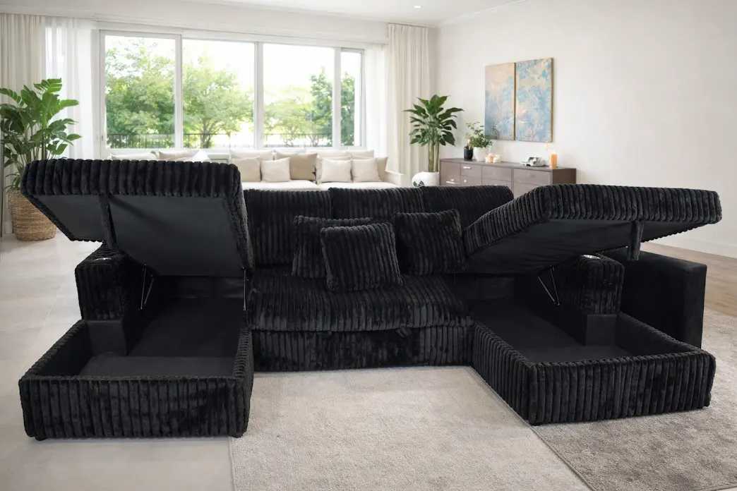 Velora 5-Seater Rabbit Fur Touch Sofa Bed with Storage Chaise – Ultra Soft Black Fabric Lounge - Image 2