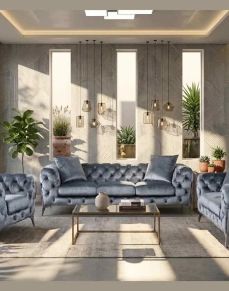 Grey velvet chesterfield sofa set with tufted back and silver legs (1)