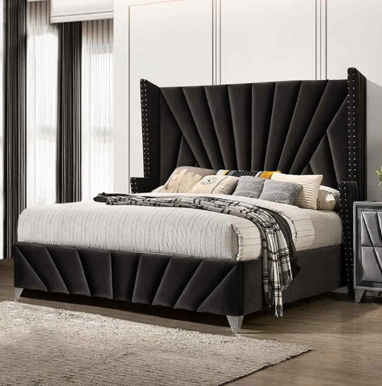 Luxe Velour Bed Frame High Head Board with Smart Storage : Gas Lift Bed - Black