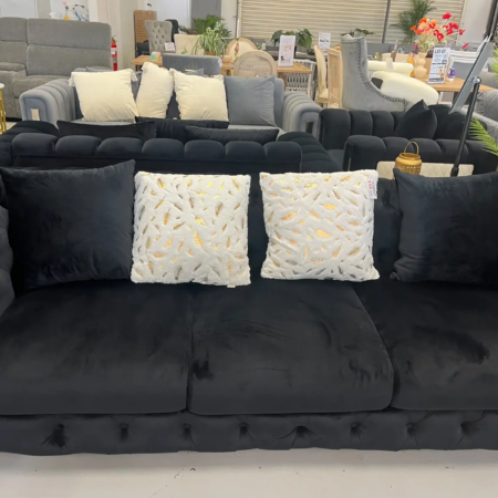 Victoria Royale 3 seater black velvet Chesterfield sofa with button-tufted backrest