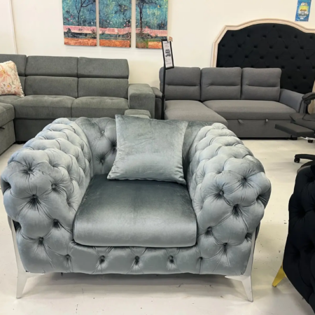 Victoria Royale single seater grey velvet Chesterfield armchair with tufted upholstery