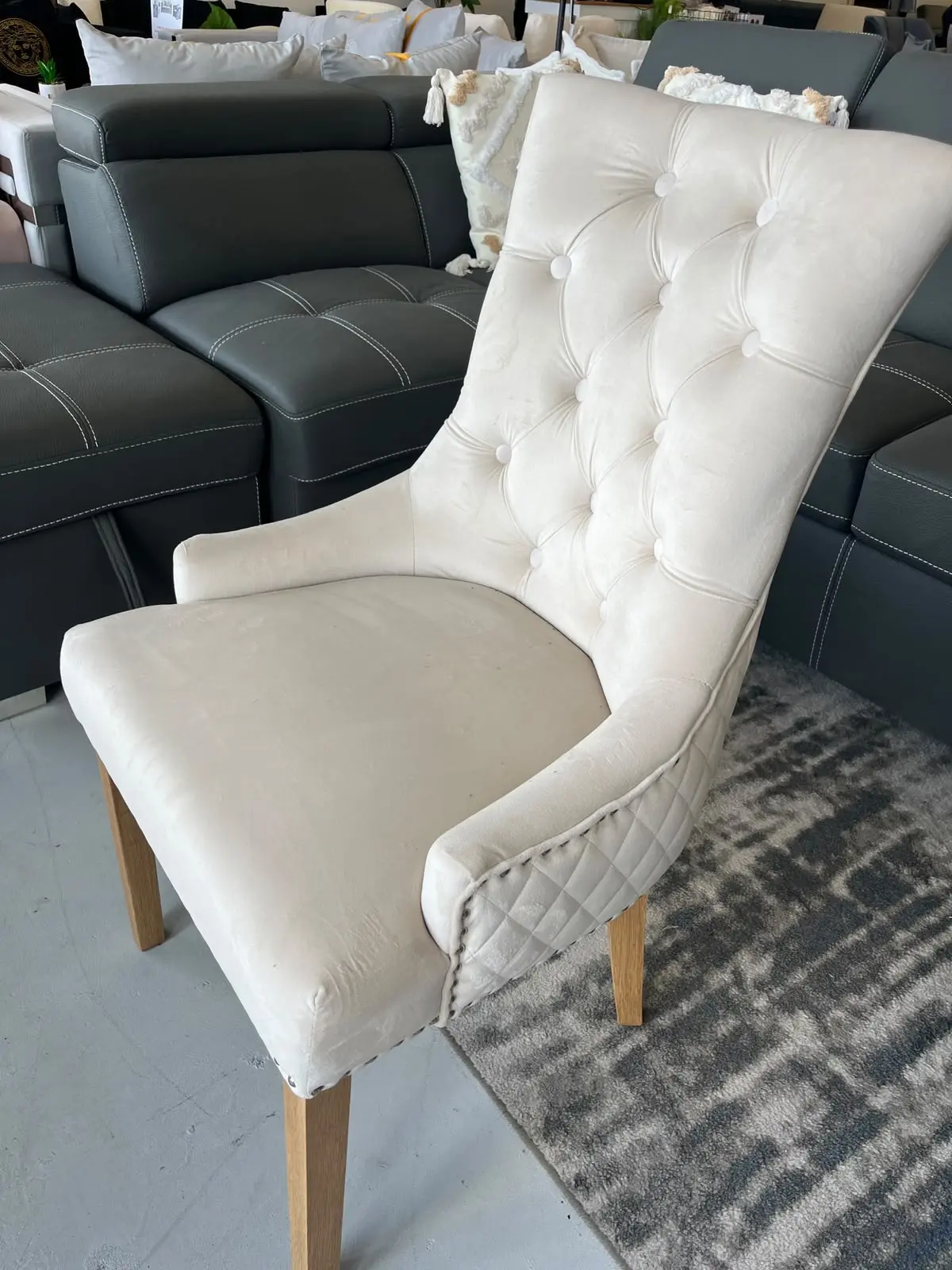 Zara cream velvet dining chair with natural oak timber legs