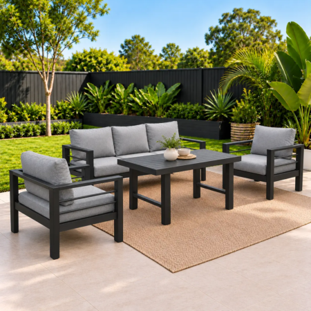 5 seater black aluminium sofa with dining table