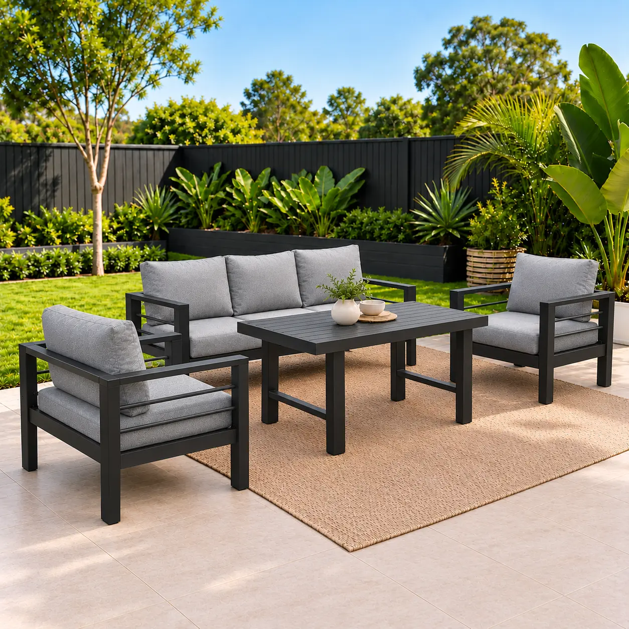 5 seater black aluminium sofa with dining table
