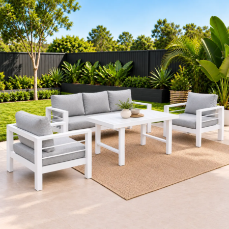 5 seater white aluminium sofa set with dining table