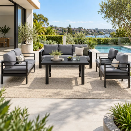 7 seater aluminium sofa set black with dining table