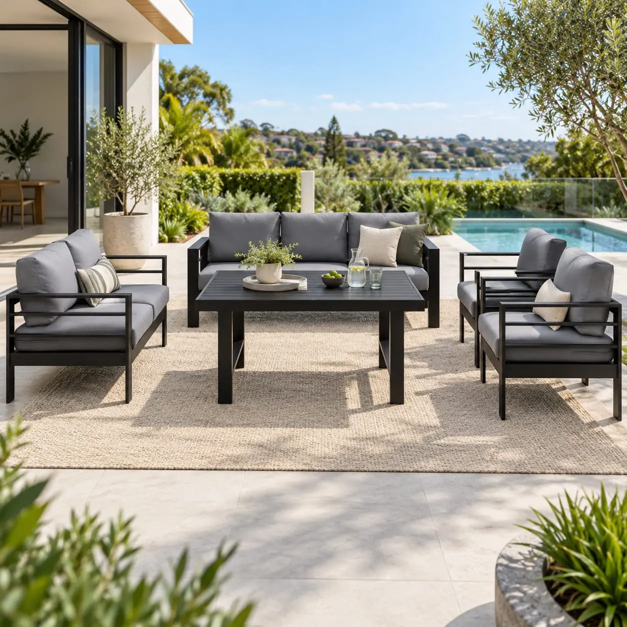 7 seater aluminium sofa set black with dining table