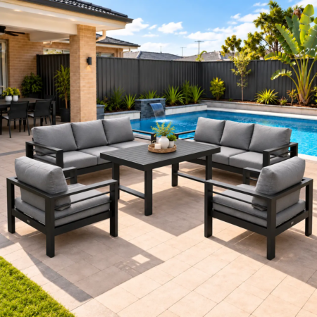 8 seater black aluminium sofa set with dinining table