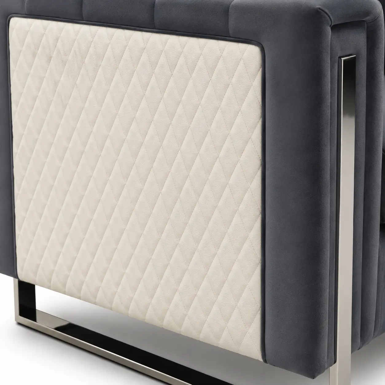 Premium grey velvet sofa with quilted side panels and silver legs Perth