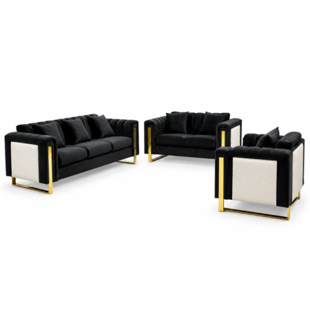 Vogue Royale black velvet sofa set with gold accents Perth