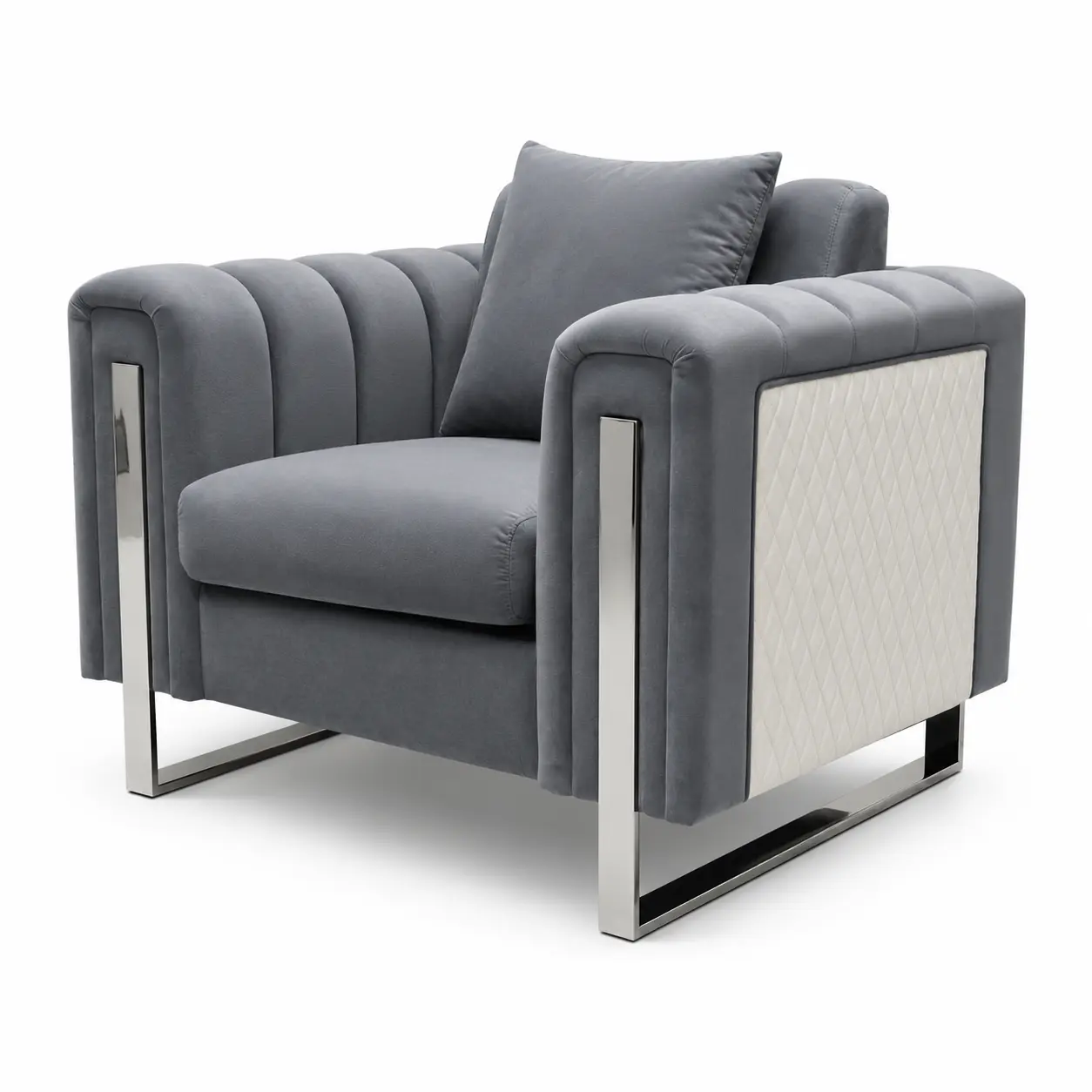 Vogue Royale grey velvet single seater sofa with silver base Perth