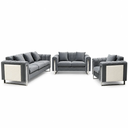 Vogue Royale grey velvet sofa set with silver accents Perth