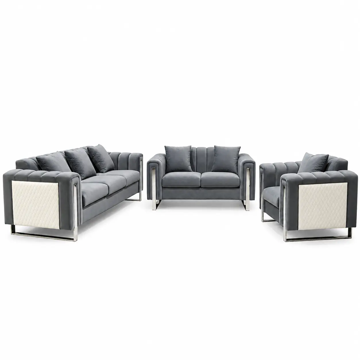 Vogue Royale grey velvet sofa set with silver accents Perth
