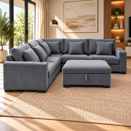 aspen grey velvet sofa with storage ottoman and cup holders