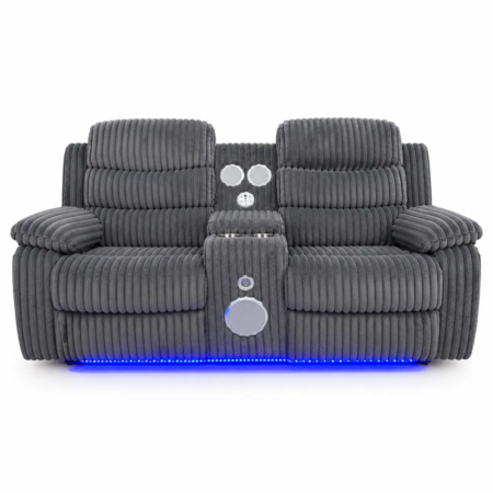Charcoal Corduroy Reclining Loveseat with Blue LED Glow