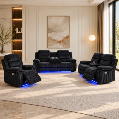 CineView black ribbed reclining led sofa set