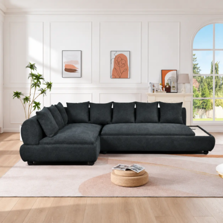 Skyline L-Shaped Modular Lounge Sofa in Dark Grey Fabric with Deep Seating and Plush Cushions – Modern Living Room Furniture Perth