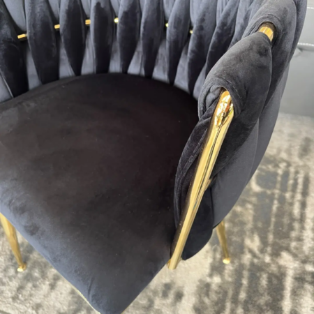 Vera black velvet dining chair with flower design backrest and gold metal legs (3)
